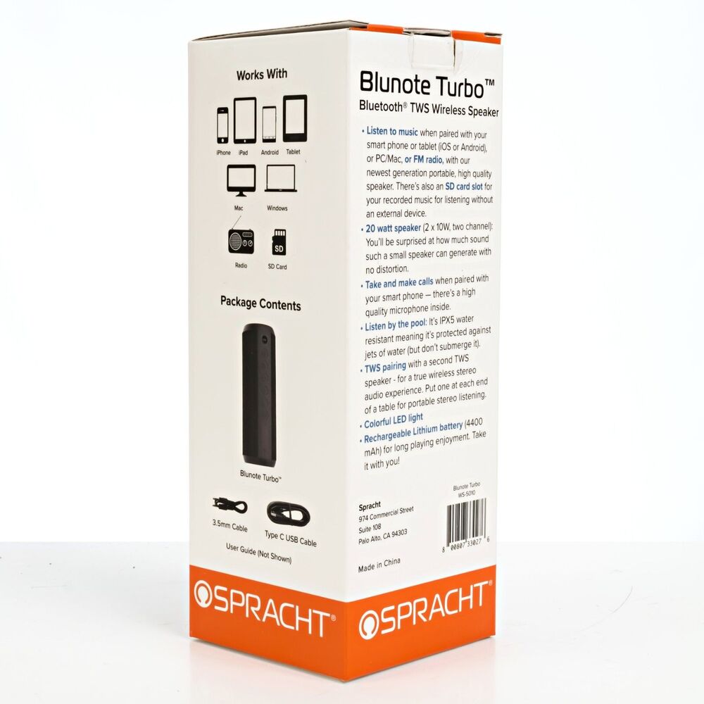 Spracht WS5010 Blunote Turbo Wireless Bluetooth Speaker - OPEN BOX - Picture 3 of 3